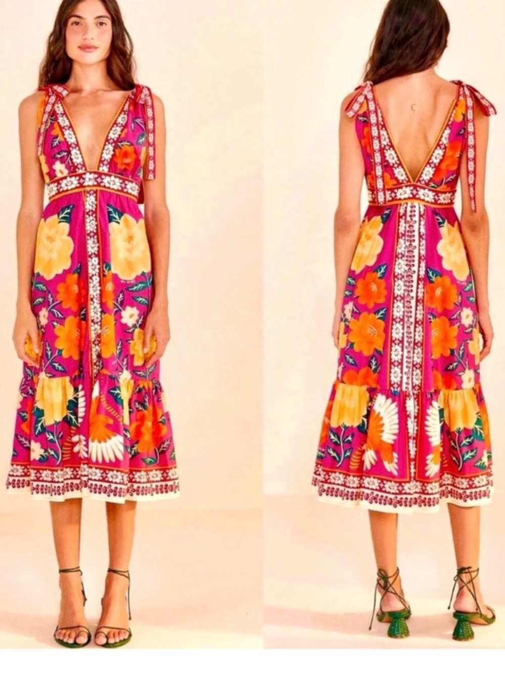 Farm Rio Tie-Shoulder Midi Dress